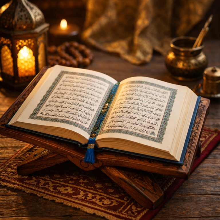 Al-Qur'an terbuka dengan penopang kayu