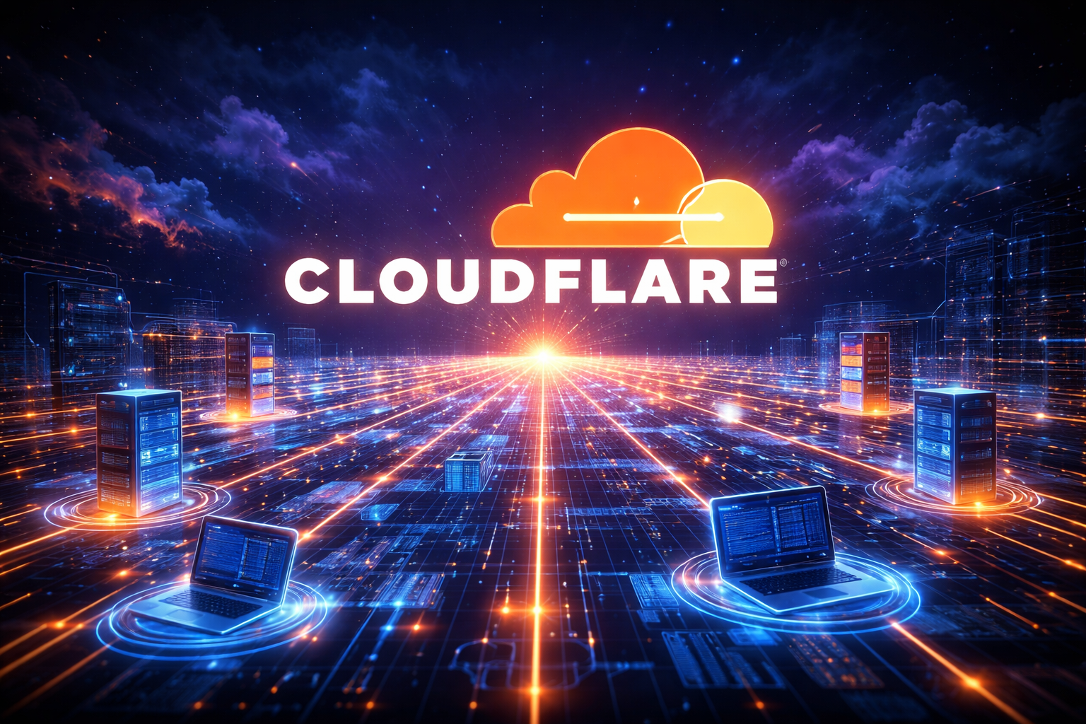 Lanskap digital dengan logo Cloudflare